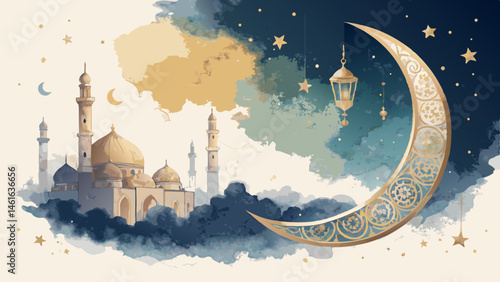 "Watercolor crescent moon in gold and deep blue, serene festive Islamic New Year background with copy space"