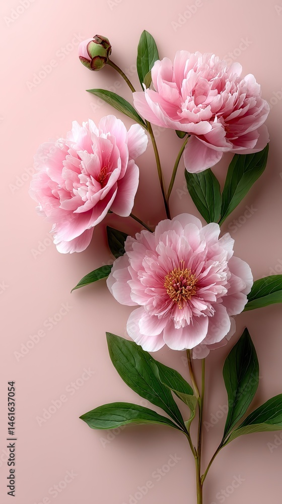 Fototapeta premium A flat lay arrangement of peonies in soft hues on a pink background offers a versatile space for custom messages or designs