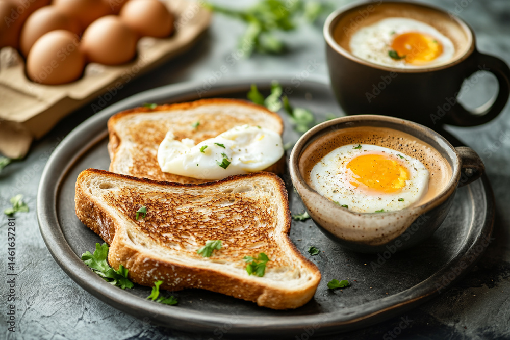 Hearty breakfast with toast, eggs and a cup of coffee creating an atmosphere of coziness and comfort Hearty breakfast with toast, eggs and a cup of coffee creating an atmosphere of coziness and comfort