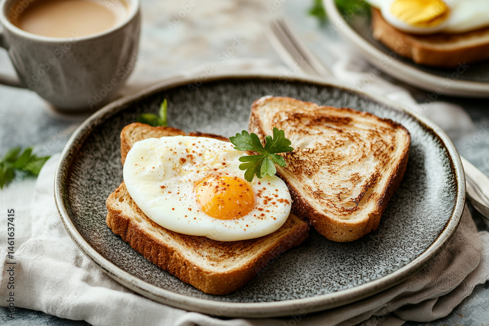 Hearty breakfast with toast, eggs and a cup of coffee creating an atmosphere of coziness and comfort Hearty breakfast with toast, eggs and a cup of coffee creating an atmosphere of coziness and comfort
