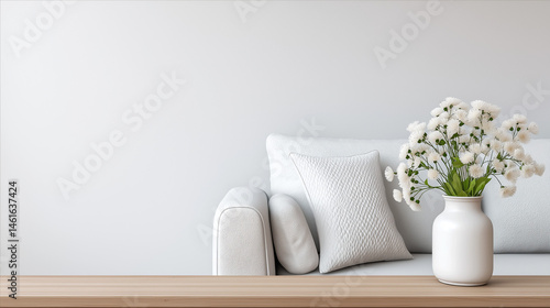 Minimalist sofa with decorative vase in a bright corner, embodying serene simplicity and modern elegance