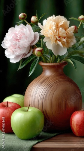 Wallpaper Mural Vibrant peonies blend with fresh apples on a wooden table, illuminated softly against a dark green background Torontodigital.ca