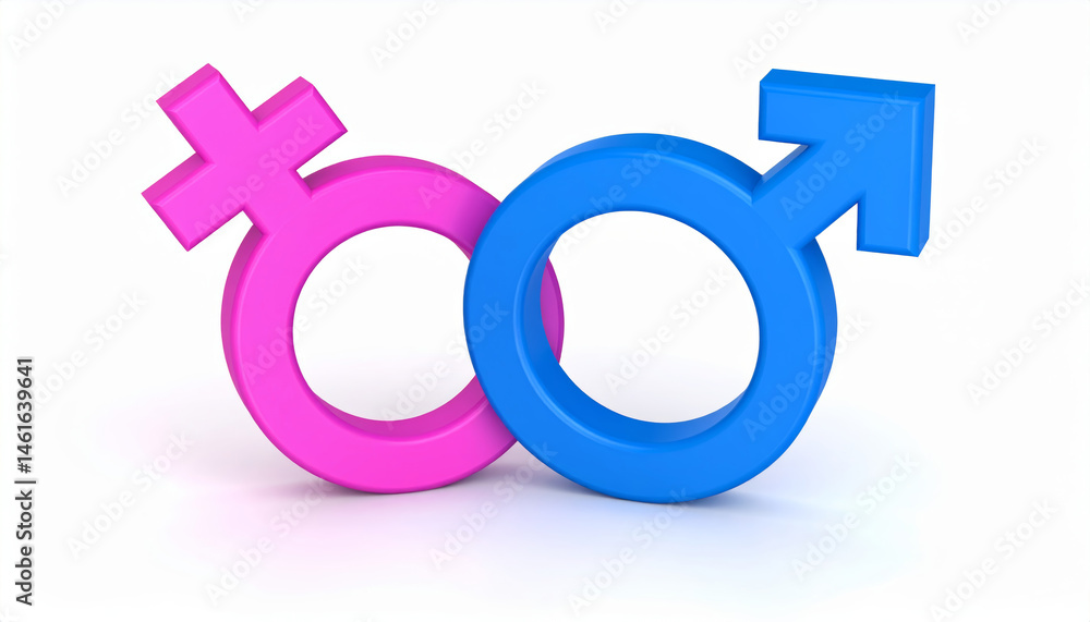 Pink woman sign and blue man sign, gender symbols, male and female icons, representing gender identity, equality, and relationship concepts, isolated on white background Pink woman sign and blue man sign, gender symbols, male and female icons, representing gender identity, equality, and relationship concepts, isolated on white background