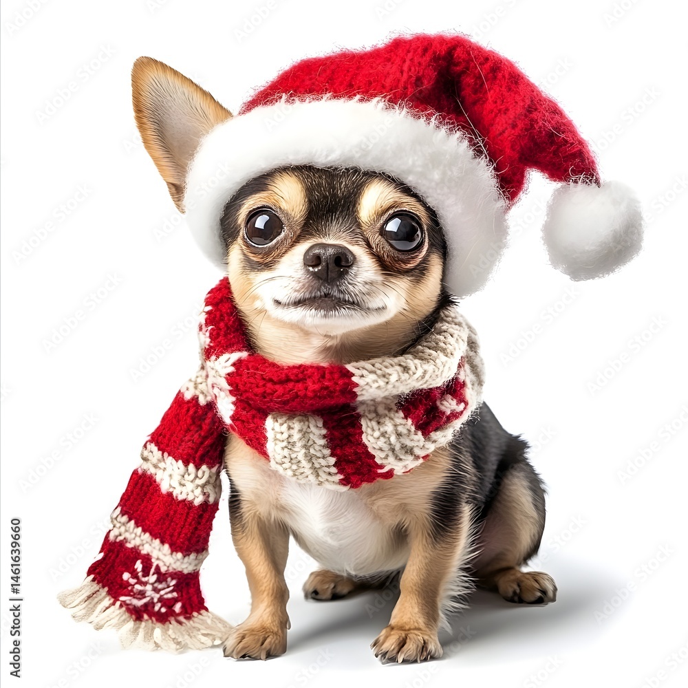 An adorable chihuahua puppy poses wea a festive red Santa hat and striped scarf for the holidays. An adorable chihuahua puppy poses wea a festive red Santa hat and striped scarf for the holidays.