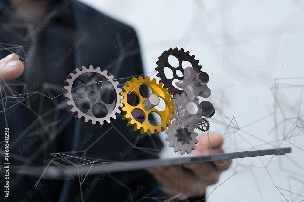 gear system data. Connecting lines and dots.Big data visualization - neural network exposure digital