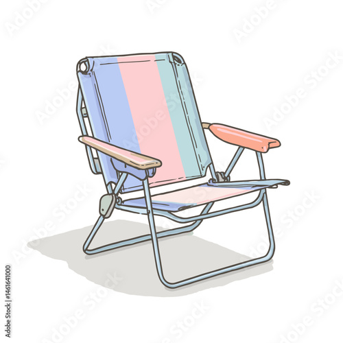 Vector illustration of a colorful folding beach chair with pastel fabric and metal frame, isolated on white