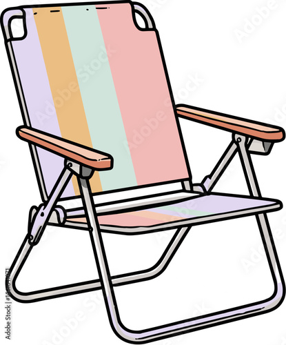 Vector illustration of a colorful folding beach chair with pastel fabric and metal frame, isolated on white