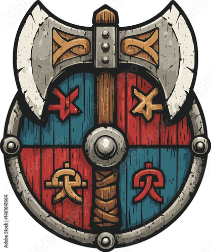 Vector illustration of a round Viking shield with axe and runes, wood and metal texture, hand-drawn style