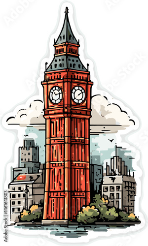 Vector illustration of Big Ben clock tower in London with city buildings and trees, hand-drawn in sketch style