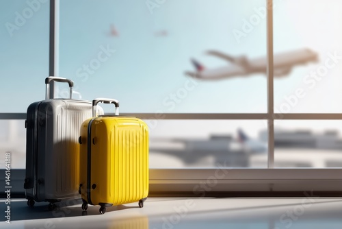 Two modern suitcases with telescopic handles in airport lounge, minimalist travel preparation concept.