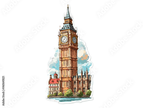 Vector illustration of Big Ben clock tower in London with city buildings and trees, hand-drawn in sketch style