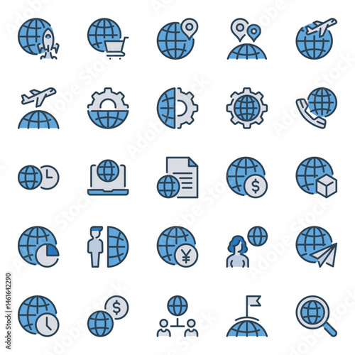 Filled blue outline icons set for Global business
