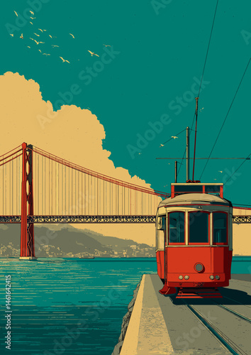 Vector illustration of a red vintage tram by the water with a large suspension bridge in the background