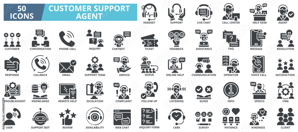 Customer support agent icon collection set. Containing support,live chat,call center,help desk,agent,customer,conversation,phone call icon. Simple glyph vector Customer support agent icon collection set. Containing support,live chat,call center,help desk,agent,customer,conversation,phone call icon. Simple glyph vector