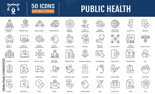 Public health line editable icon set. Containing
community health, disease prevention, health protection,
medical services, health awareness, hygiene and more. Vector Illustration 