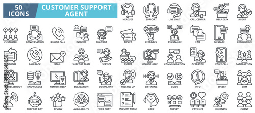 Customer support agent icon collection set. Containing support,live chat,call center,help desk,agent,customer,conversation,phone call icon. Simple line vector