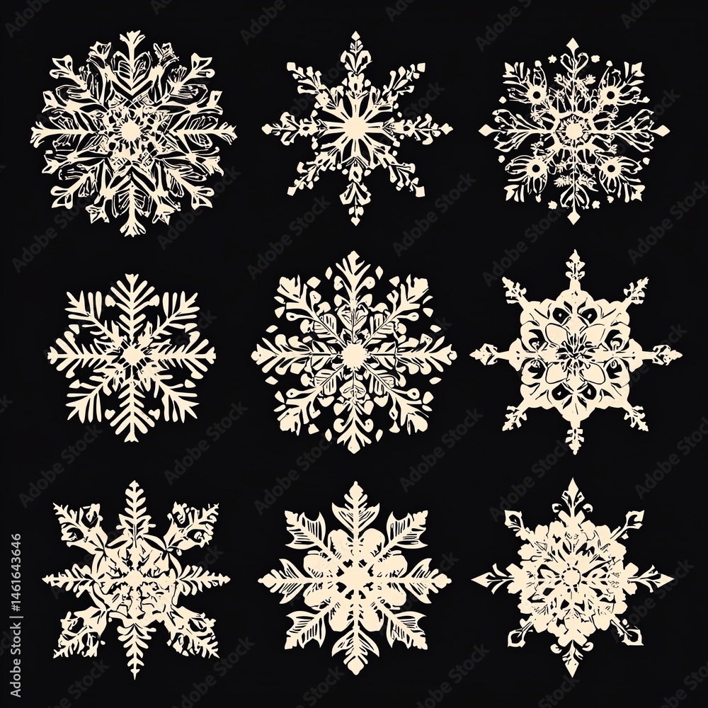 Nine intricate, decorative snowflakes are arranged in a 3x3 grid on a black background. Nine intricate, decorative snowflakes are arranged in a 3x3 grid on a black background.