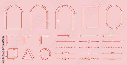 Elegant linear minimalistic red borders and frames set. Aesthetic design elements for posters, banners, backgrounds, projects.Ornament with hearts and sparkles. Vector illustration, editable stroke.