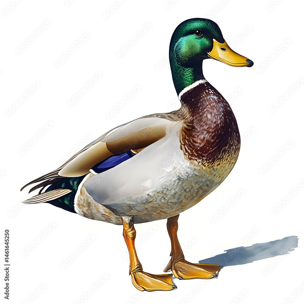 Obraz premium A detailed illustration of a male mallard duck standing on a white background showcasing its vibrant plumage and intricate details.