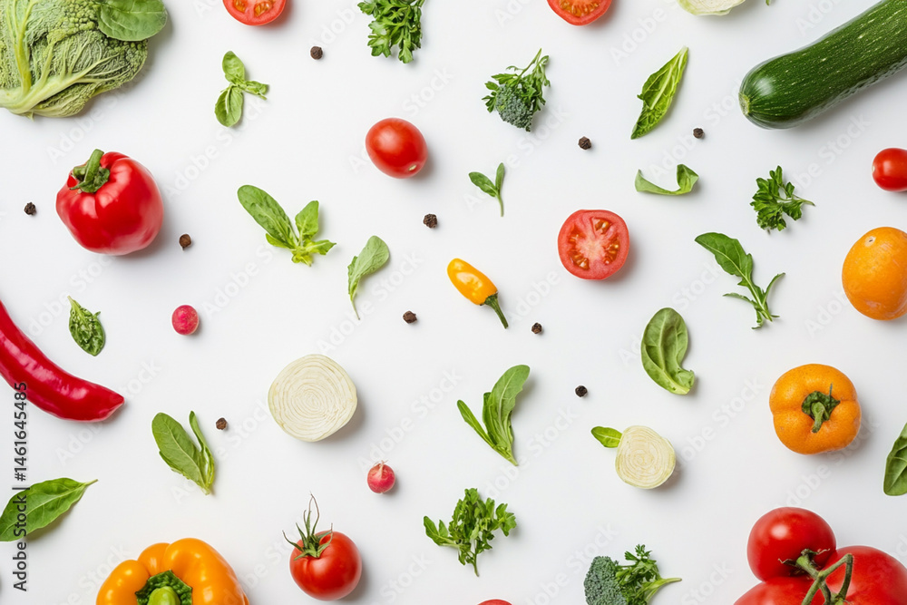 Clean white background and randomly placed vegetables creating a feeling of freshness and naturalness Clean white background and randomly placed vegetables creating a feeling of freshness and naturalness