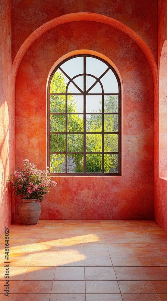 A sunlit interior with an arched window and terracotta walls. A sunlit interior with an arched window and terracotta walls.