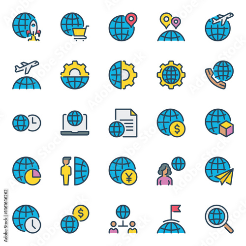 Filled outline icons set for Global business