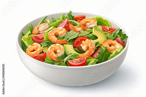 Fresh Shrimp Salad Still Life with Greens on a White Background for Healthy and Vibrant Food Photography Inspiration
