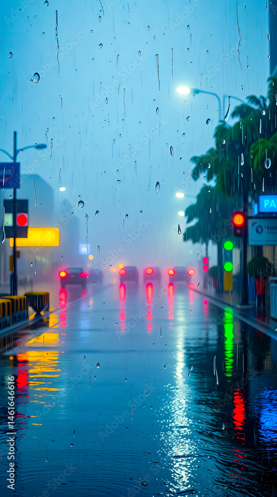 A rainy city street with cars and traffic lights seen through a wet window pane on a cloudy day