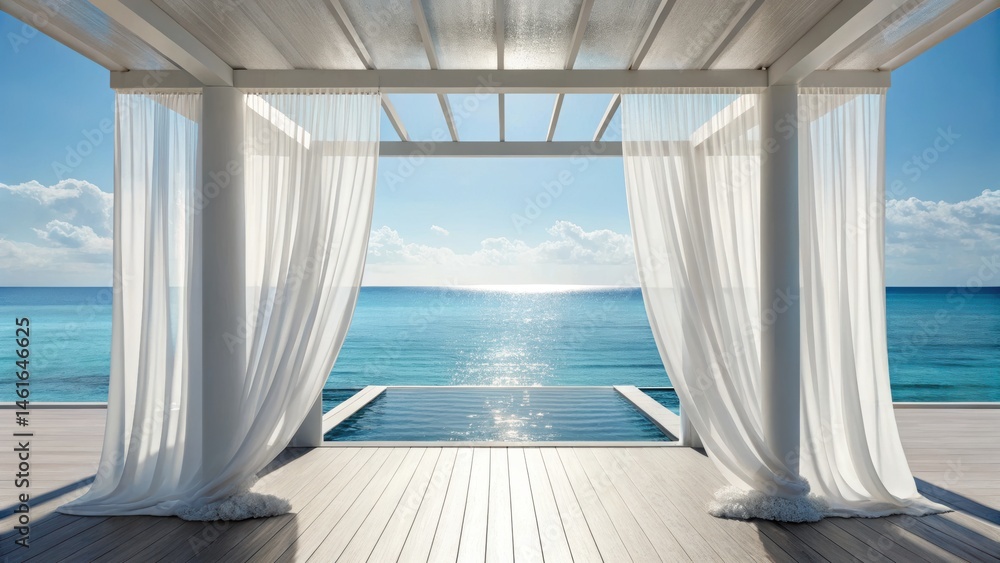 Fototapeta premium A serene view of a coastal space with sheer curtains framing the ocean and sky, creating a tranquil atmosphere.
