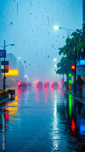 Obraz na płótnie A rainy city street with cars and traffic lights seen through a wet window pane on a cloudy day w salonie