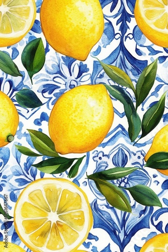 Watercolor Lemons and Leaves on Blue Tile Pattern Seamless Repeat Design Overhead Still Life