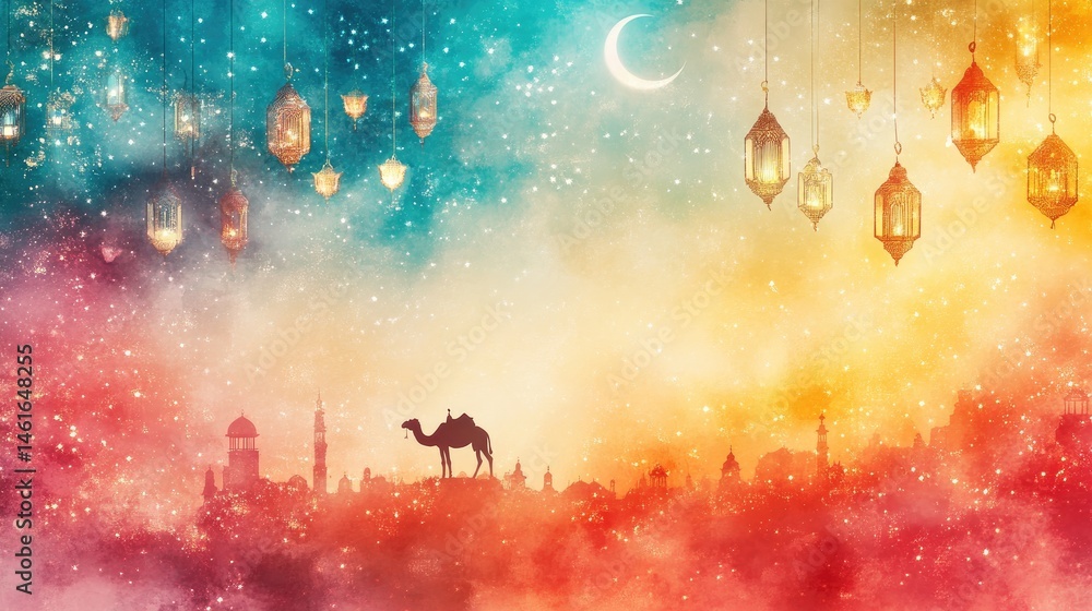 Fototapeta premium Colorful artistic depiction of a camel journey at night.