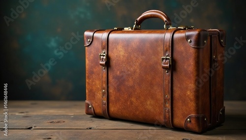 Weathered brown leather suitcase, brass hardware, travel sticker, travel trunk