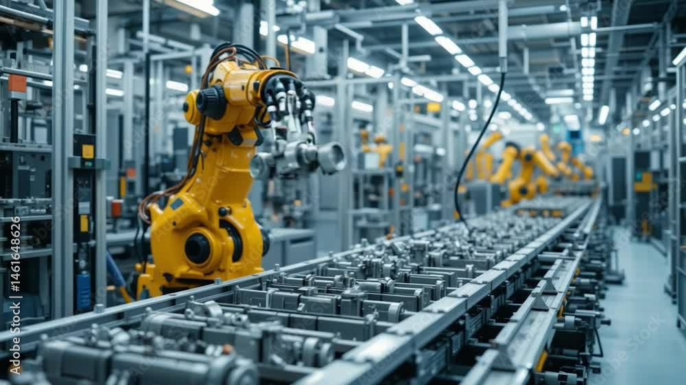 A high-tech robotic arm assembling metal components on a clean, automated assembly line,AI-Powered Manufacturing concept. A high-tech robotic arm assembling metal components on a clean, automated assembly line,AI-Powered Manufacturing concept.