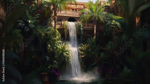 Lush tropical waterfall cascading down ancient stone structure in exotic garden paradise setting