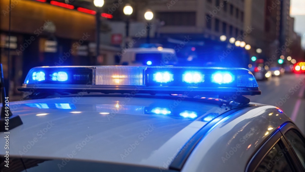 Bright blue emergency lights flash as police vehicles navigate through downtown streets during the evening. The atmosphere is tense as officers assist at a nearby incident