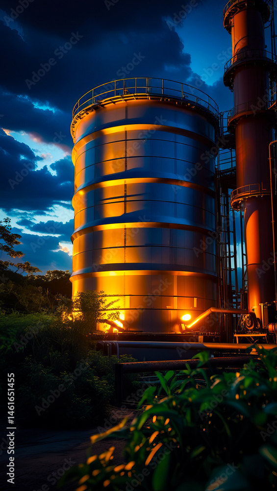 Illuminated industrial storage tank and tower at dusk with dramatic clouds in the background vibrant wallpaper