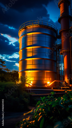 Obraz na płótnie Illuminated industrial storage tank and tower at dusk with dramatic clouds in the background vibrant wallpaper w salonie
