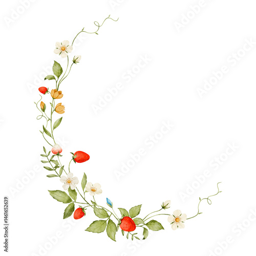 watercolor strawberry wreath with white flowers