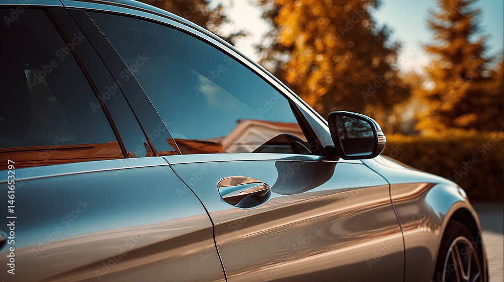 Tinted side view of a car window covered with ceramic film for heat rejection and UV protection on on the car window glass surface Tinted side view of a car window covered with ceramic film for heat rejection and UV protection on on the car window glass surface