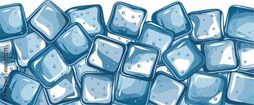 Realistic Vector Ice Cubes Illustration – Pile of Shiny Blue Transparent Ice Cubes with Bubbles for Summer Drinks, Beverage Ads, and Refreshment Design
