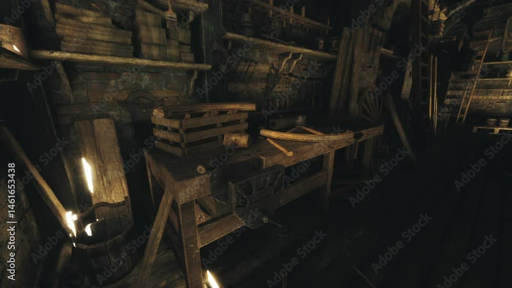 A rustic workbench sits in a poorly lit workshop, surrounded by various tools and wooden crates. Shadows play across the walls, creating an atmospheric and historical setting. A rustic workbench sits in a poorly lit workshop, surrounded by various tools and wooden crates. Shadows play across the walls, creating an atmospheric and historical setting.
