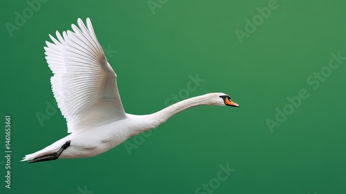 Fototapeta Naklejka Na Ścianę i Meble -  White swan is flying in the air. The bird is in the middle of the sky and has its wings spread out. The sky is green, and the bird is the main focus of the image