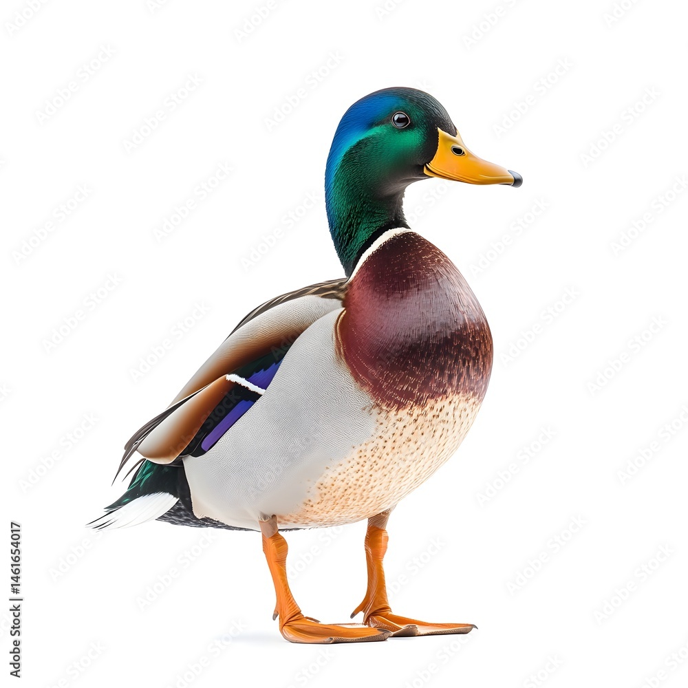 Obraz premium A vibrant male mallard duck stands proudly on a white background showcasing its detailed plumage and striking colors.