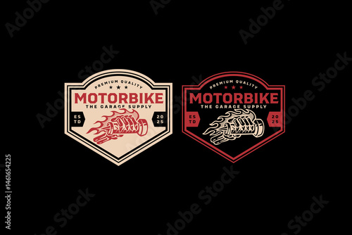 skull hand holding handlebar with fire retro badge logo vector design set for garage, workshop, biker, racer, rider. hand bones holding handle with flame motorbike vintage emblem illustration logo