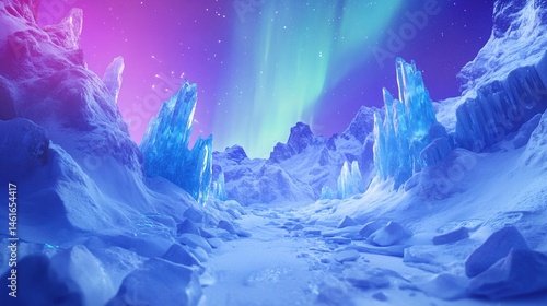 The spectacular Arctic glacier landscape sparkles under the aurora, and the crystal ice cave reflects charming blue light. The wide-angle lens shows the stunning beauty of polar nature.