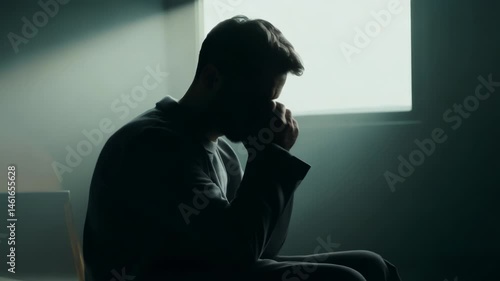 Depressed man sits alone in dim room
