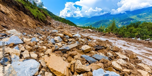 landslide in open environment with a crack in the ground filled with dirt and rubble falling downhill due largely to deforestation and human-created climate change