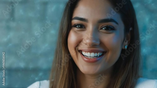 AI generative video showing a cheerful young woman with vibrant hair smiling at the camera. Close-up portrait with a toothy grin and expressive eyes. 4K resolution AI generated video