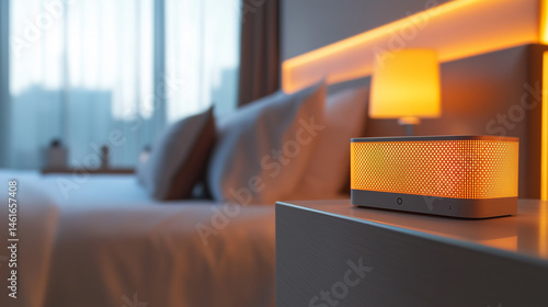 modern luxury bedroom interior with yellow lamp lights closeup shot 